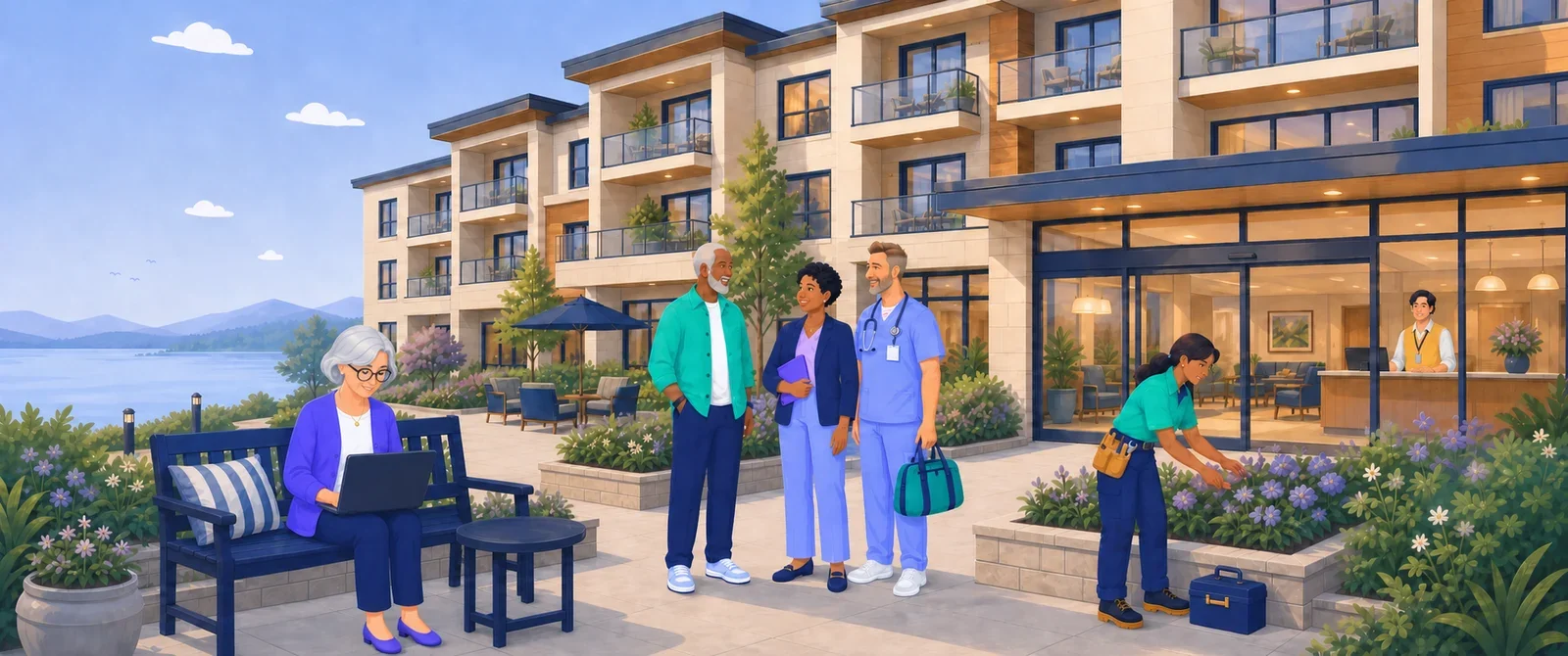 A senior living community on a sunny afternoon. A resident works on a laptop on a garden bench while staff talk outside, a maintenance technician tends the flower beds, and the front desk is visible through the lobby windows.