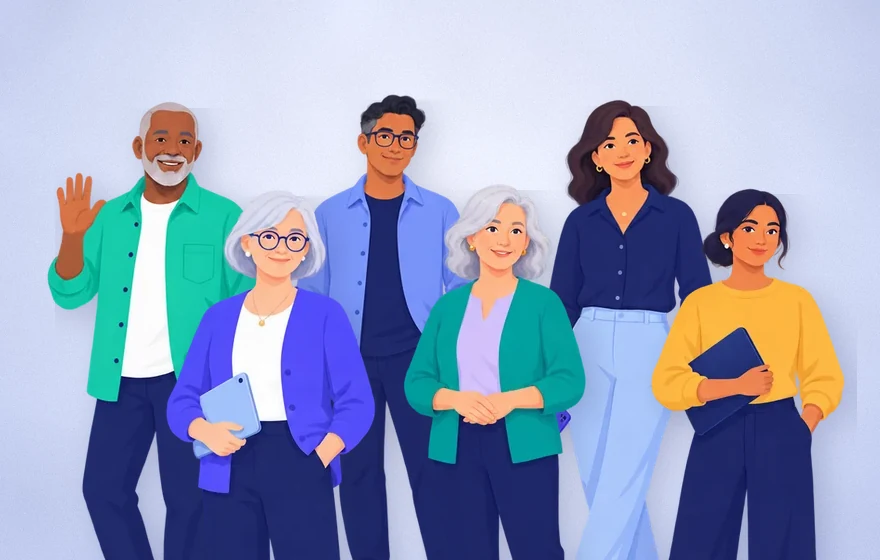 Illustration: a family portrait of Margaret, Eli, Rosa, Sarah, Leo and June standing close together, smiling. Margaret and Rosa are in front, Eli waves from the back.