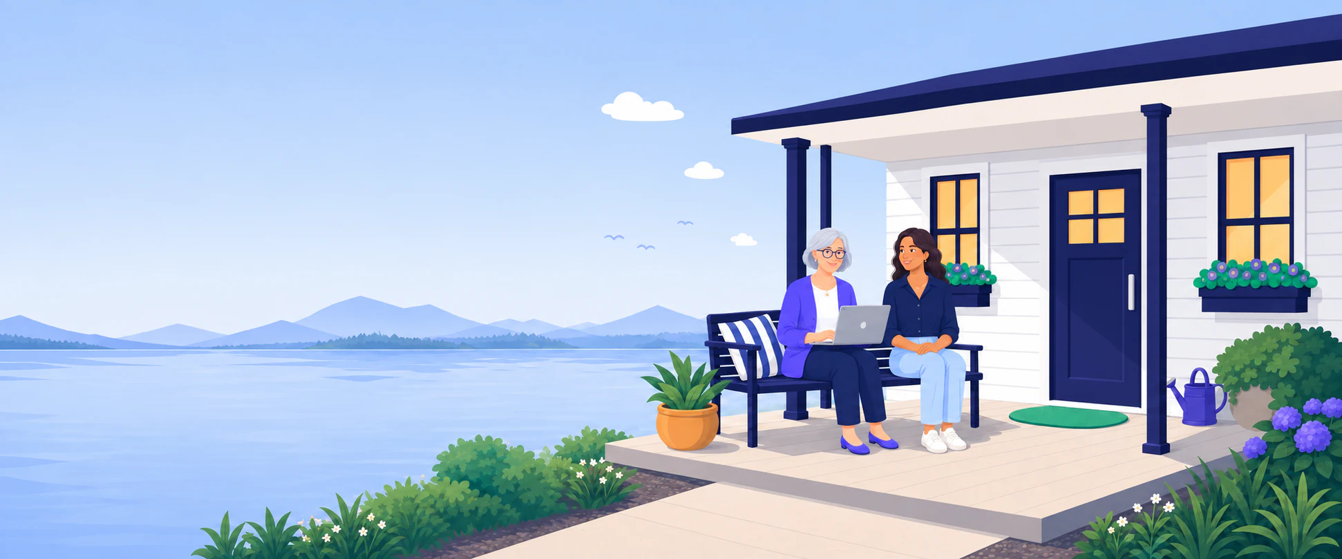A lakeside porch in soft blue light. An older woman and a younger woman sit together on a bench, looking at a laptop.