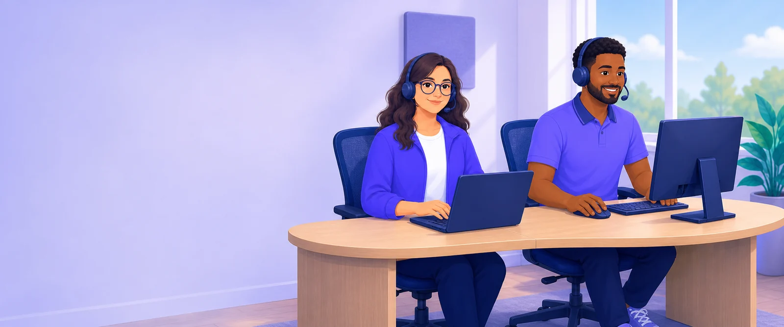 Two people from MyCliq support at a shared desk in a bright office, wearing headsets and smiling, one on a laptop and one at a desktop computer.