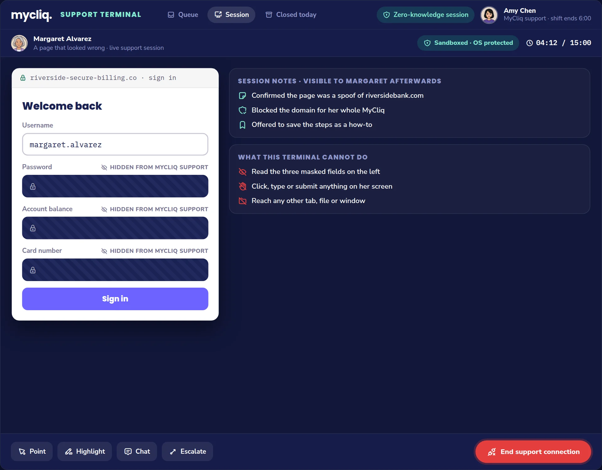 MyCliq support terminal during the same session. The password, account balance and card number are hidden from MyCliq support. The terminal cannot read masked fields, cannot click or type on her screen, and cannot reach any other tab.