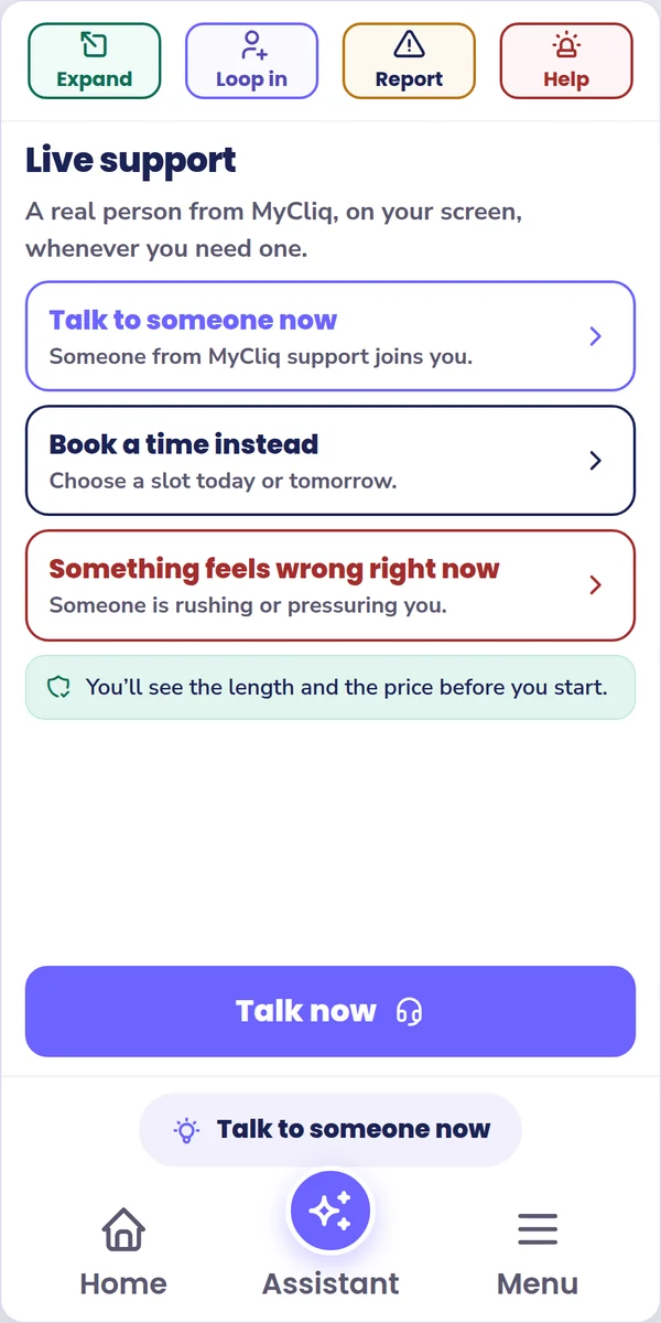 MyCliq side panel: Live support, with Talk to someone now, Book a time instead, and Something feels wrong right now.