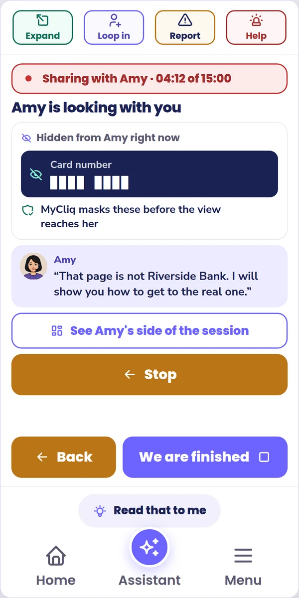 MyCliq side panel during a session: Sharing with Amy. The card number is hidden from Amy, and a Stop button stays on screen.