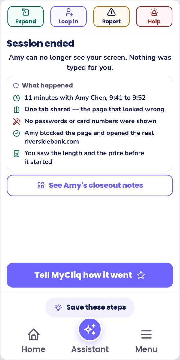 MyCliq side panel: Session ended. Amy can no longer see your screen, with a summary of what happened.