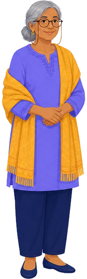 Illustration: A woman around seventy in a violet tunic and a mustard shawl