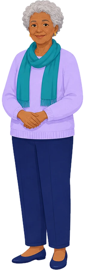 Illustration: A woman in her eighties in a lavender sweater and a teal scarf