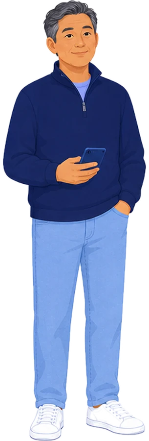 Illustration: A man in his fifties in a navy pullover, holding a phone