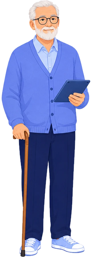 Illustration: A man in his late seventies in a periwinkle cardigan, with a tablet and a cane