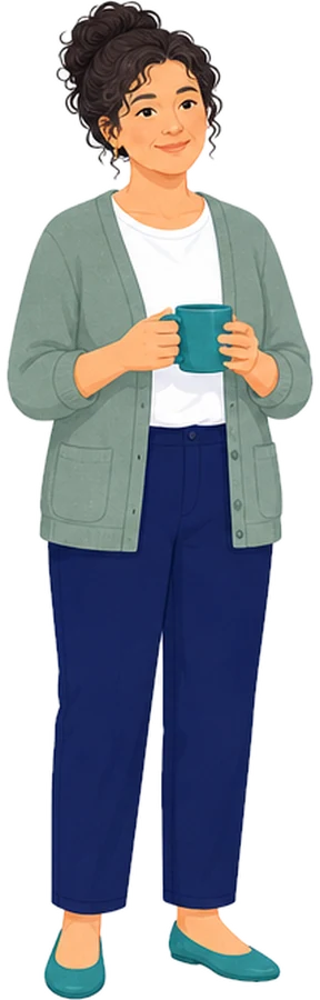 Illustration: A woman in her forties in a sage cardigan, holding a mug