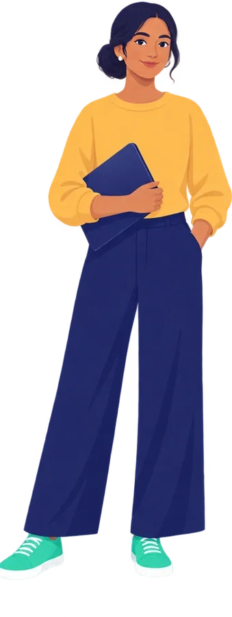 Illustration: a woman in a yellow sweater holding a tablet