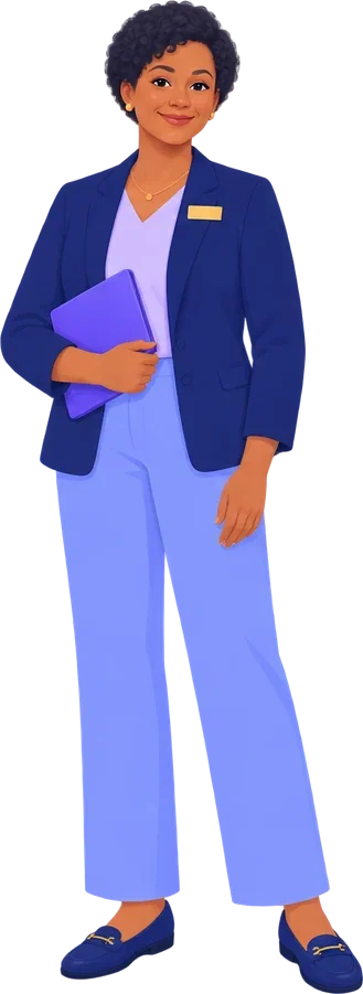 A resident services administrator in a navy blazer with a name badge, holding a tablet.