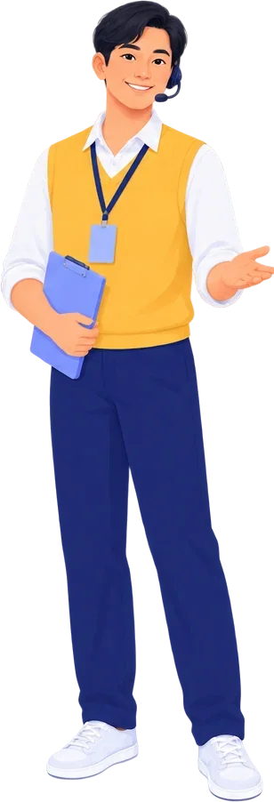 A front desk concierge in a yellow vest and headset, holding a clipboard.