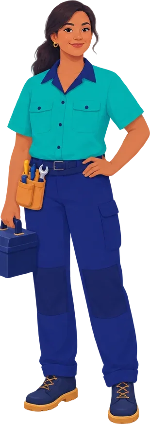 A facilities technician in a teal work shirt with a tool belt, carrying a toolbox.