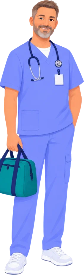 A care coordinator in blue scrubs with a stethoscope, carrying a bag.